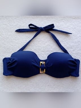 VENUS Navy Bandeau Halter Swim Top with Gold Accent, Size 32C/34B/36A
